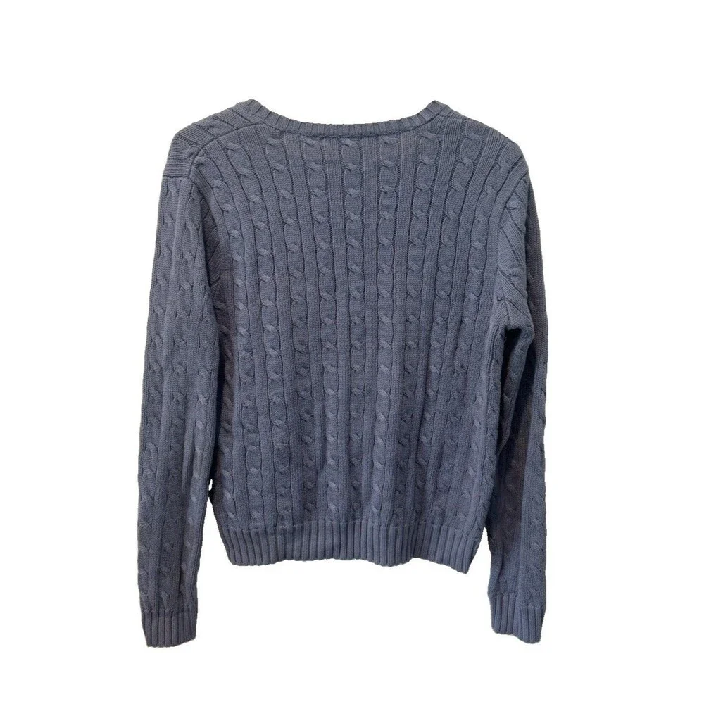 Polo Ralph Lauren Sport Blue Cable Knit V-Neck Sweater White Pony Women's XL